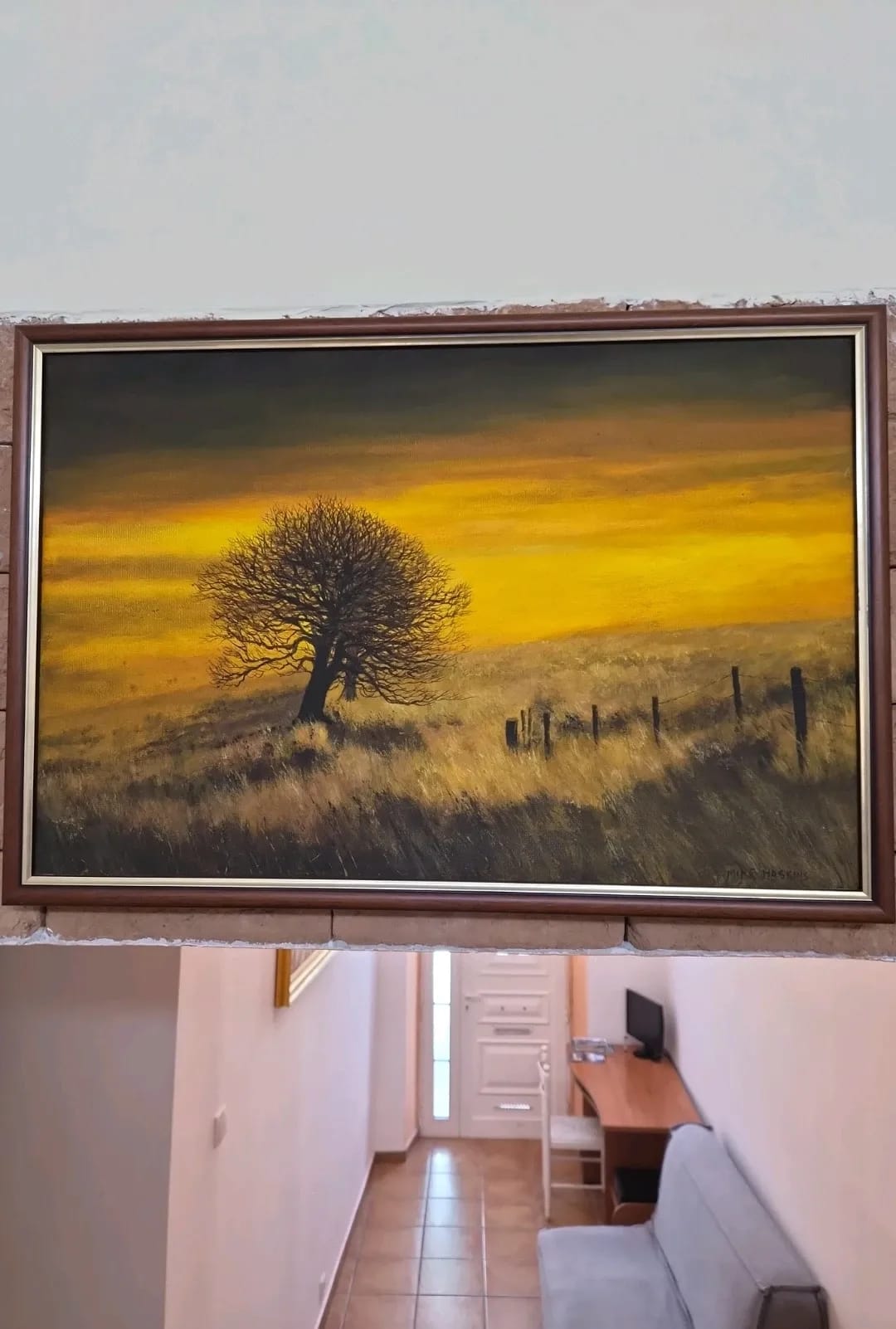 Pintura Oleo arvore solitária ao por do sol