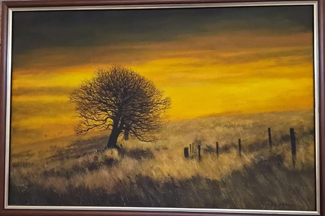 Pintura Oleo,  arvore solitária ao pôr do sol